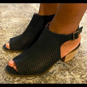 Lucky Brand next to new black sandals with wood heel. Size 8